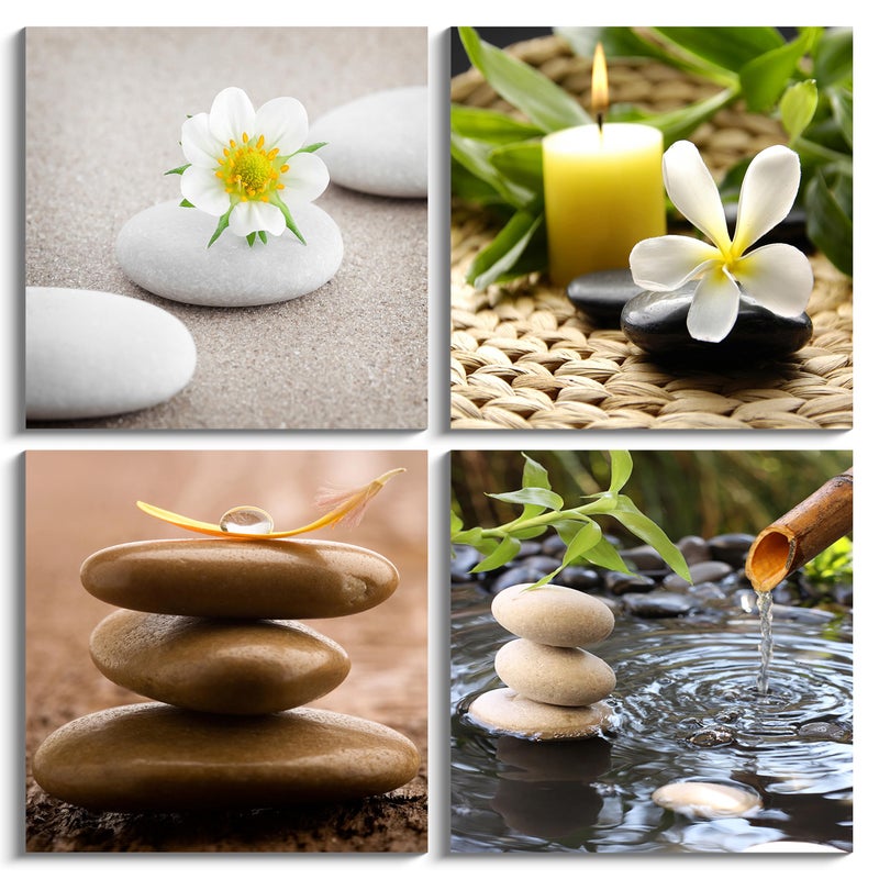 NAN Wind Zen Canvas Wall Art Spa Still Life with Green Bamboo Fountain and Zen Stone Jasmine Flower Painting Pictures for Home Decoration Modern Painting Wall Decor Canvas - Image 1